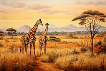 Giraffes Grazing On Savannah Painted With Crayons