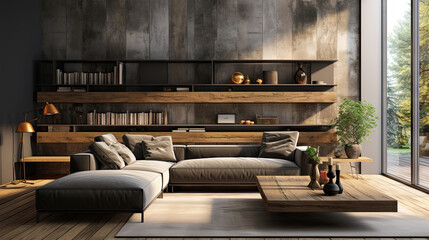 Loft Style Living Room: Grey Sofa and TV Unit Against Concrete Wall