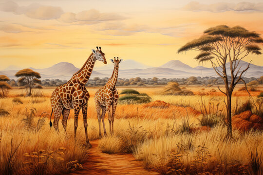 Giraffes Grazing On Savannah Painted With Crayons