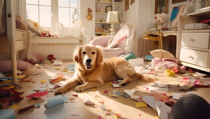 Hundekatastrophe im Büro: Süßes Haustier auf Entdeckungstour - obrazy, fototapety, plakaty