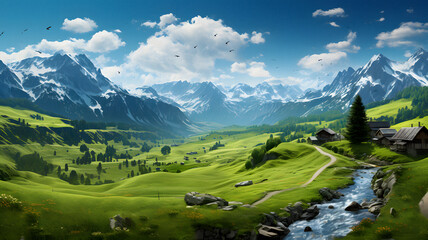 Fototapeta premium mountains and a stream in a valley with a house and a mountain Generative AI
