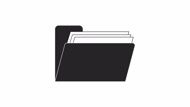 Retro computer folder files bw outline 2D object animation. Data storage, catalog, gallery monochrome linear cartoon 4K video. Vaporwave nineties shortcut animated item isolated on white background