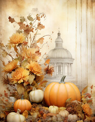 Naklejka na ściany i meble Vintage autumn Halloween background with flowers and pumpkins