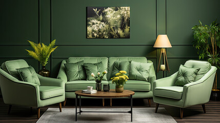 Classic Living Room with Green Velvet Furnishings
