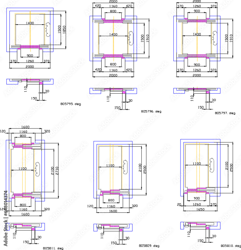 Wall mural Vector sketch illustrating the technical design of an elevator plan with a size scale - Wall murals