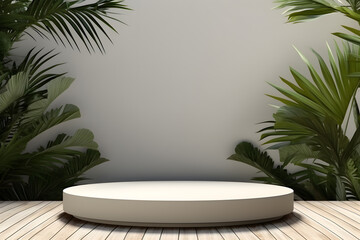 Tropical plants with empty wood podium, Minimal blank 3D wooden stage for products display presentation design, ai generate