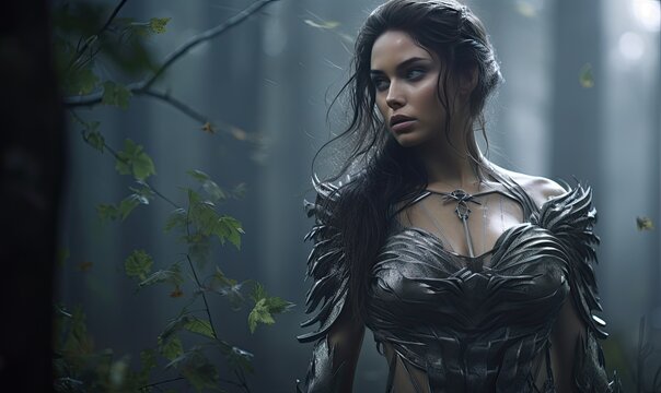 Photo of a mythical woman with wings in a serene forest setting