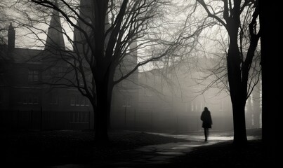 Photo of a person walking down a foggy sidewalk