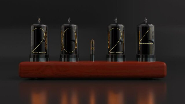 New Year 3d animation of the date 2024. The moment of the onset of the new year 2024 on the gas-discharge lamp indicator. 3d rendering of an ancient time-counting device.