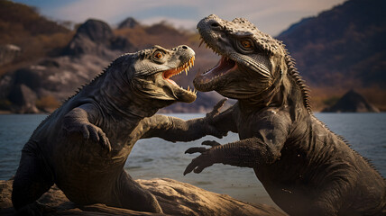 two dinosaurs fighting over a rock by the water Generative AI