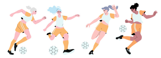 Woman soccer or football player. Flat vector illustration of girl team playing soccer or football isolated on a white background.
