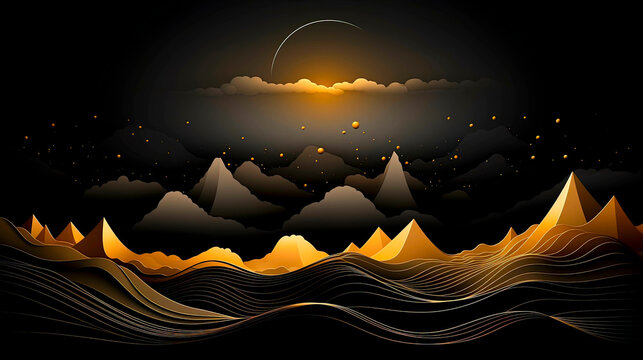 The moon or the sun in in a mountain line art texture with black, gold and white colors. Simplistic background texture or wall art.