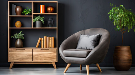 Scandinavian Style Living Room: Grey Barrel Chair and Wooden Elements