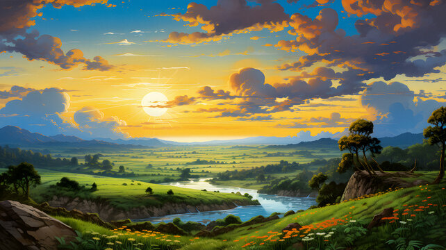 painting of a beautiful sunset over a valley with a river Generative AI