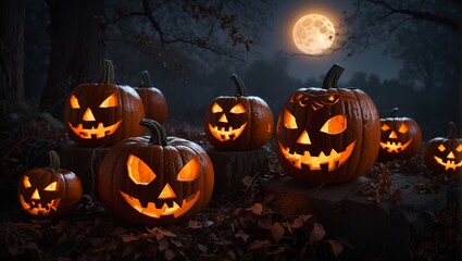 Discover the enchanting allure of Halloween with this eerie image of intricately carved Jack-o'-Lanterns bathed in the ethereal glow of a full moon. Perfect for spooky seasonal content.