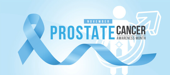 Prostate cancer awareness month - Blue ribbon awareness sign on white human male with male symbol around body sign and soft blue background vector design