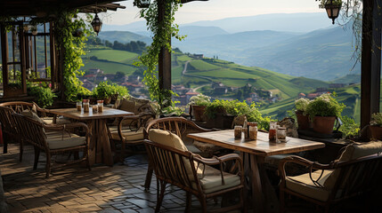 Fototapeta na wymiar A charming and cozy cafe set in a quiet rural landscape with wooden tables with hills and mountains created with Generative AI Technology