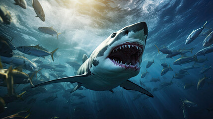Fototapeta premium Predator Shark Attack in clear sea ocean waters created with Generative AI Technology