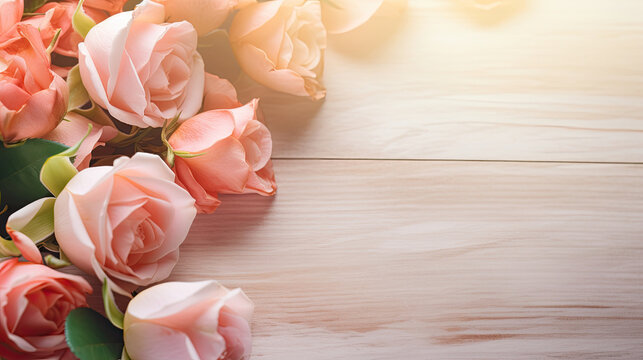 Spring floral background Fresh rose flowers on soft gray vintage wooden background created with Generative AI Technology