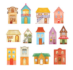 set of cute houses hand drawn buildings watercolor vector illustration