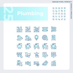 Pixel perfect blue icons set representing plumbing, editable thin line illustration.
