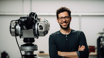 happy male worker looking at camera with modern industrial robot on white background created with Generative AI Technology