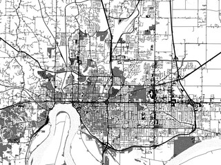 Greyscale vector city map of  Evansville Indiana in the United States of America with with water, fields and parks, and roads on a white background.