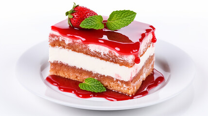 a piece of strawberry cake with melted strawberry Jam on a white plate on white background