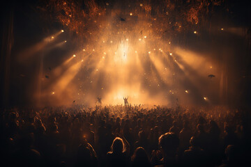 Silhouette of vocalist in front of crowd on scene,  people in a crowd of a music concert, lights, show performance, AI Generative.