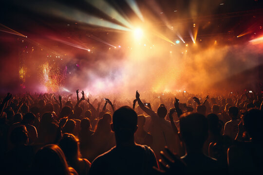 Silhouette people in a crowd of a music concert, lights, show performance festival outdoor..