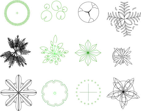 : Vector sketch illustration clipart of trees and plants for completeness of images and designs seen from above