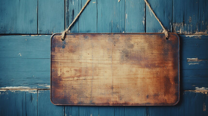 Blank wooden sign hanging on an old blue wooden door. - obrazy, fototapety, plakaty