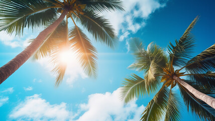 Fototapeta na wymiar Blue sky and palm trees view from below tropical beach.