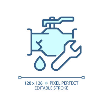 2D pixel perfect editable blue pipeline leakage icon, isolated vector, thin line illustration representing plumbing.