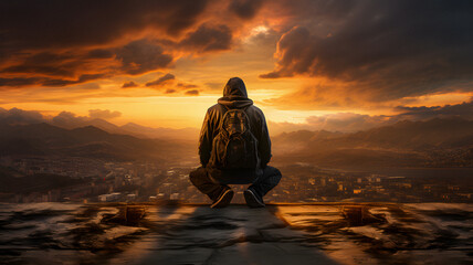 arafed man sitting on a ledge looking at a sunset Generative AI