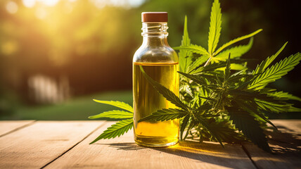 Glass brown bottle with cannabis CBD oil with hemp leaves on the wooden table background. - obrazy, fototapety, plakaty