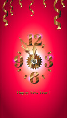 Happy New Year 2024, red background with gold clock. new year 2 0 2 4 background with clock. Golden watch
