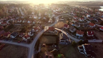 Aerial of Residential Neighborhood and Houses at Sunset
