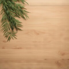 a large wooden table with a green plant on the left side. The table is plain and simple, with a light brown color. The plant on the left adds a touch of greenery and life to the scene.