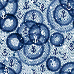 Abstract seamless pattern on a marine theme with waves, anchors and watercolor circles. Perfect for design templates, wallpaper, wrapping, fabric, print and textile. © maritime_m