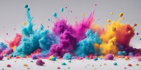 The image features a white surface covered in red, blue, yellow, and purple dust, with some spheres of the same colors scattered around. The colors mix and blend, creating a vibrant and dynamic effect