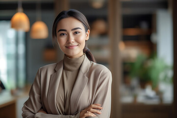 In the backdrop of a blurred office, a confident and intelligent young Asian woman, elegantly attired in a light gray suit paired with a crisp white shirt, delivers a presentation. Generative AI.
