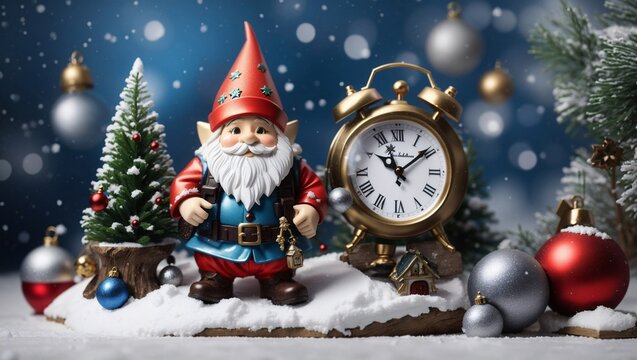 Christmas card with a gnome, a Christmas tree and an alarm clock. A dwarf on skis rides through the snow. Christmas fairy tale picture. Toy gnome, Christmas tree, alarm clock and Christmas balls
