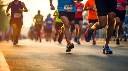 A group of people running in a race, a close up shot of the runners' legs, early morning, runners