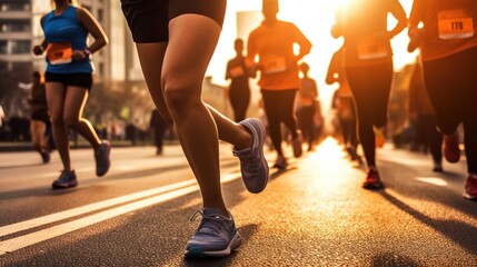 A group of people running in a race, a close up shot of the runners' legs, early morning, runners