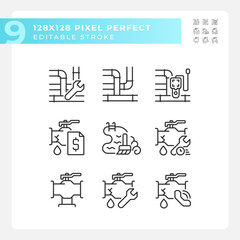 2D pixel perfect black icons set representing plumbing, editable thin line illustration.