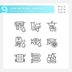 Pixel perfect black icons representing plumbing, editable thin line illustration set.