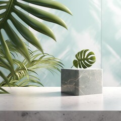 Grey marble podium display with tropical plant and stone on blue pastel background