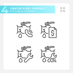 Pixel perfect black icons set representing plumbing, editable thin line illustration.