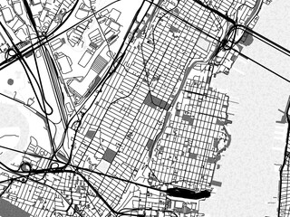 Greyscale vector city map of  Hoboken New Jersey in the United States of America with with water, fields and parks, and roads on a white background.